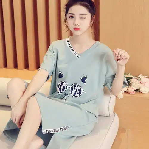 睡衣女夏季纯棉睡裙女学生可爱卡通韩版女士长款可外穿家居服裙子