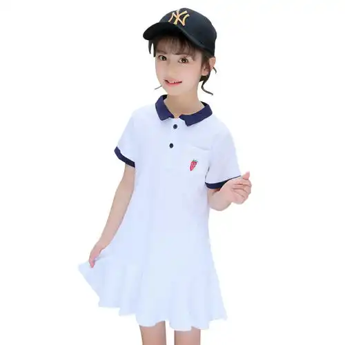 女童连衣裙2019夏装新款韩版儿童学院风翻领刺绣荷叶边短袖t恤裙