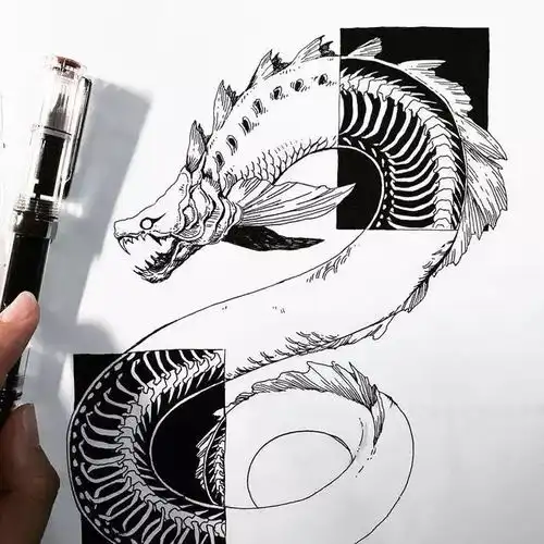 女生与海意境黑白插画大气磅礴的气势美呆了