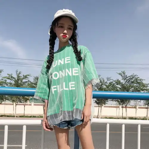 2020春夏季新款韩版学生宽松网纱字母半袖假两件短袖t恤女上衣潮