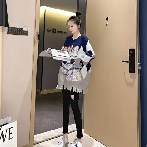 胖妹妹慵懒风拼色猫咪宽松时尚毛衣女套头韩版春秋季百搭上衣