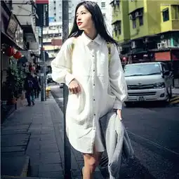 ns潮款简约大牌女装衬衣黑白色肌理中长款衬衫裙福卡商城