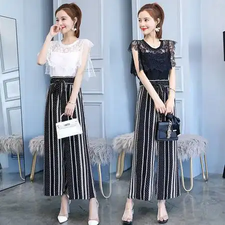 2018夏女装漏肩花边网纱拼雪纺衫碎花阔腿裤时尚两件套装休闲百搭