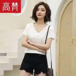 高梵2019夏季新款女装简约白色纯棉舒适短袖v领t恤女上衣打底衫