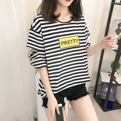 t短袖t恤女夏新款纯棉条纹学生宽松韩版ins超火cec百搭体恤潮t