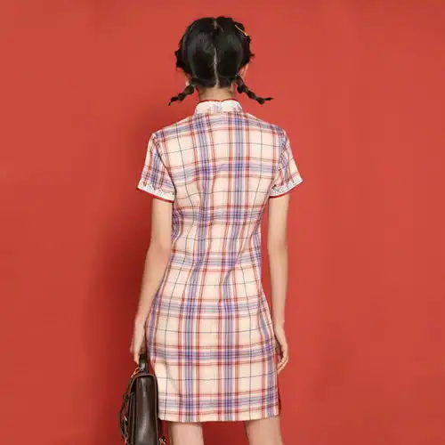 少女旗袍短款修身学生日常可爱甜美年轻款改良文艺格子连衣裙