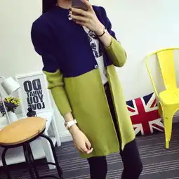 秋季新品女装上衣学生秋装外套女撞色毛衣外套中长款针织衫女开衫ouf518