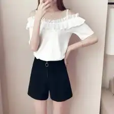 2017夏季新款韩版宽松一字领露肩织带短袖t恤字母刺绣吊带上衣女