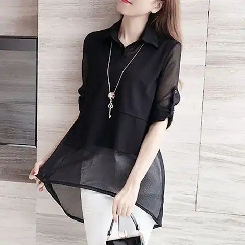 春季衬衫女学生韩版宽松衬衣长袖雪纺衫春装衣服白色假两件套上衣