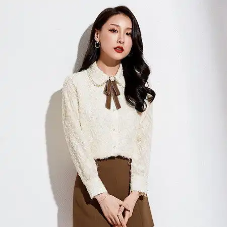施悦名2019秋冬新款品牌女装韩版时尚植绒钉珠气质淑女长袖蝴蝶结衬衫女a