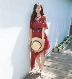 欧美风街头宽松中长款不规则v领短袖碎花印堆糖,美图壁纸兴趣社区