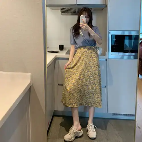夏季2020百搭裙子女半身裙中长款ins潮复古碎花高腰半裙雪纺a字裙