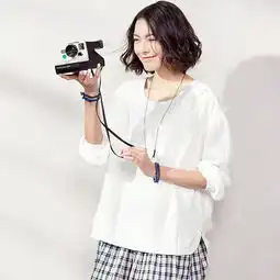 领券20元后119元春秋装女士上衣宽松简约文艺休闲白色纯棉t恤女长袖