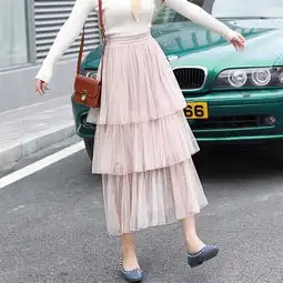 蛋糕裙半身裙春夏女2019新款高腰中长款百褶裙仙女网纱裙长裙