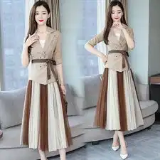 新款女装洋气小西服网纱裙长裙时尚气质两件套2019年