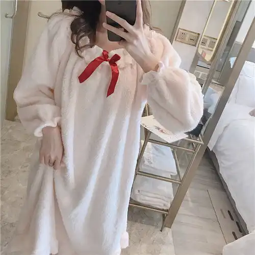 公主风睡衣女冬季珊瑚绒可爱甜美少女加绒宽松秋冬长袖法兰绒睡裙