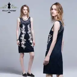 供应批发欧美风藏青色蕾丝印花无袖中长款连衣裙女装时尚连衣裙