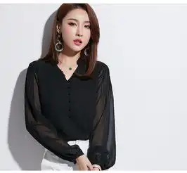 施悦名欧美风2019春季新款女装纽扣v领长袖上衣时尚气质显瘦雪纺衬衫女