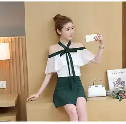 一字肩套装女夏2017新款韩版时尚甜美雪纺上衣高腰a字短裙两件套nc549