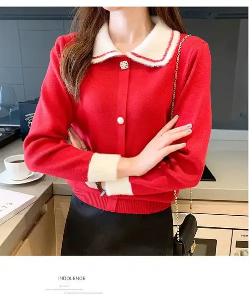 毛衣女2020秋冬新款红色娃娃领加厚针织打底衫百搭上衣