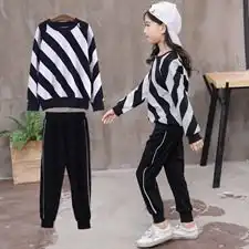 黑白条纹运动套装时尚舒适2018秋季女童两件套潮流