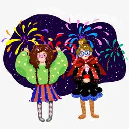 新年冷色系卡通手绘风格年轻男女看烟花免扣图片素材其他格式下载动漫人物大全
