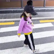 大眼睛印花长袖拼色圆领套头甜美百搭潮流女童加绒卫衣2018秋冬季