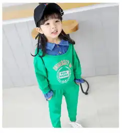 男女童童套装2018春季新款韩版儿童中小童假牛仔领字母印花两件套